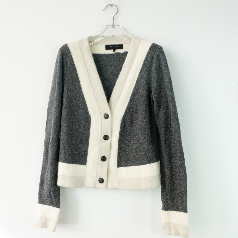 Rag Bone Crop Cardigan Small Gray White Contrast Angora Wool Sweater Casual Knit